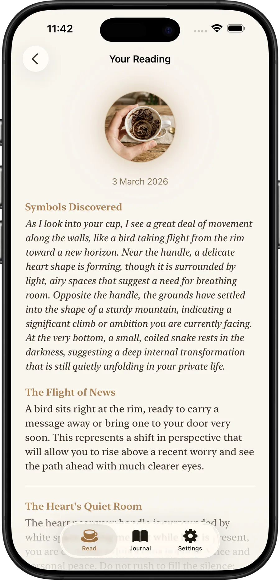 The Telveden app open on a written reading.